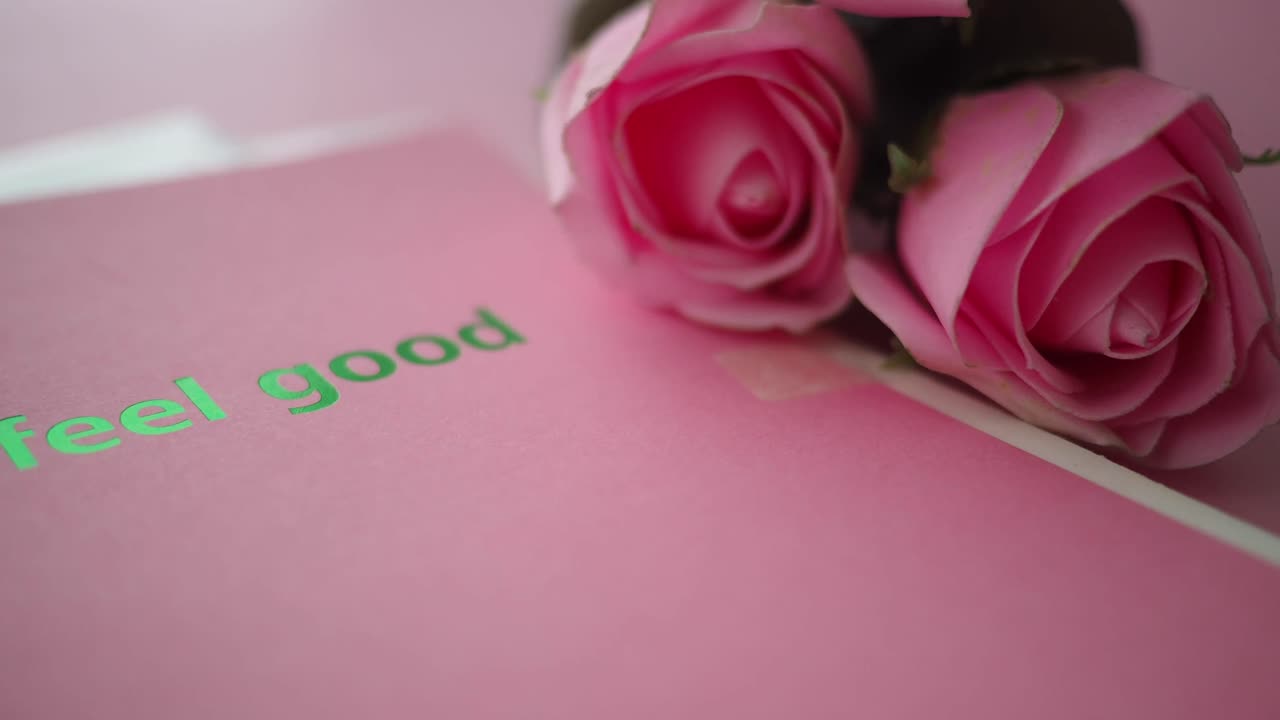 Pink card with roses and "feel good" message