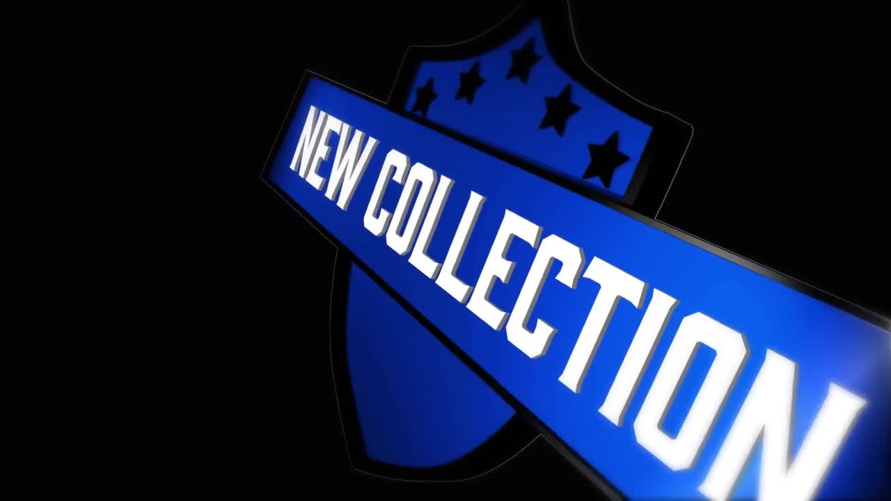 Animation of new collection on shield over blue clouds on black background