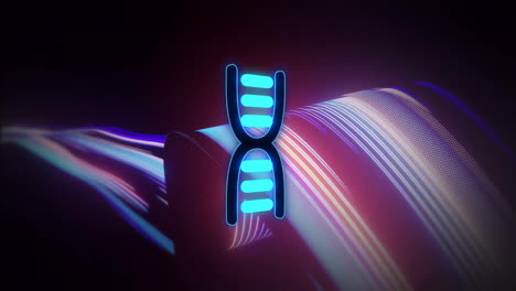 animación de cadena de adn sobre rastros de luz de colores