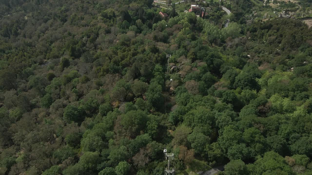 Cable Car Ride in Penha's Greenery, Guimar&atilde;es, Portugal - aerial fly-over