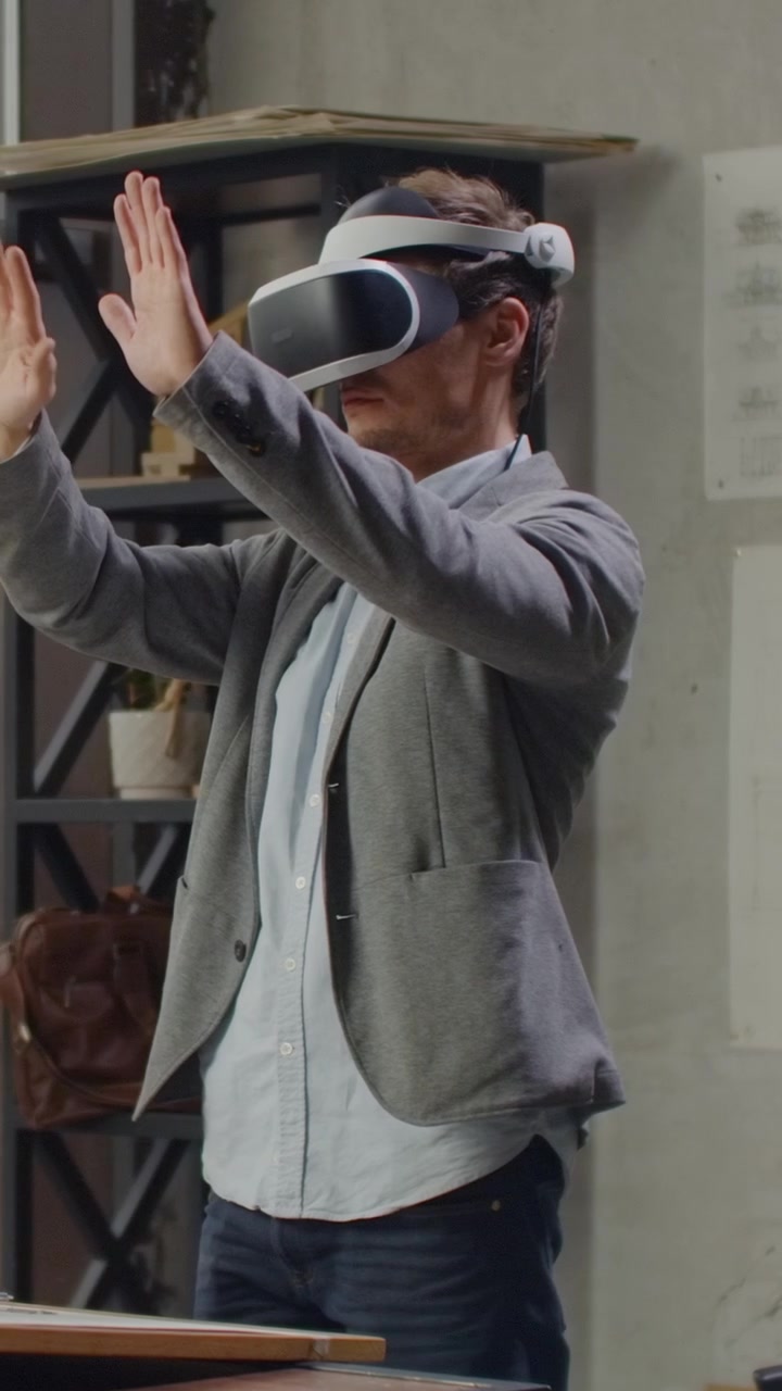 Professional Man Using Virtual Reality Headset in Modern Office