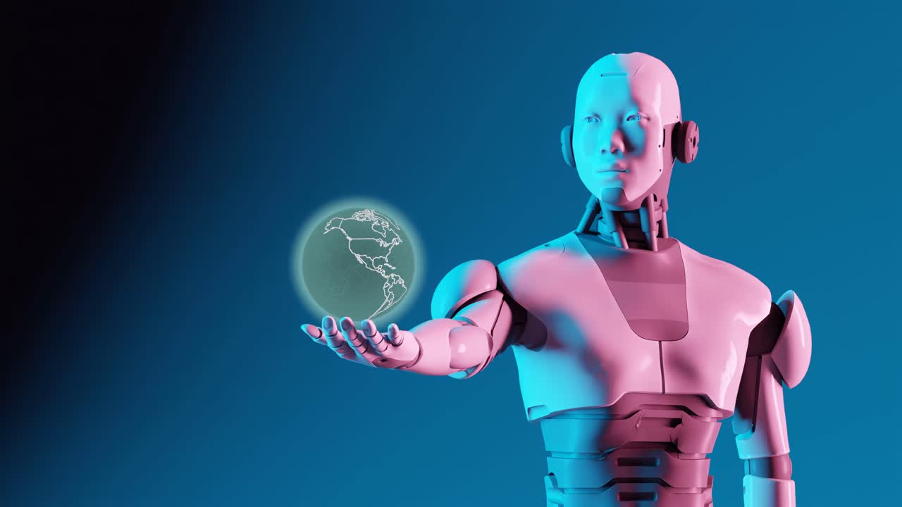 animación en 3d de un robot humanoide cibernético sosteniendo el planeta tierra en su palma cuestionando sobre el universo y dios