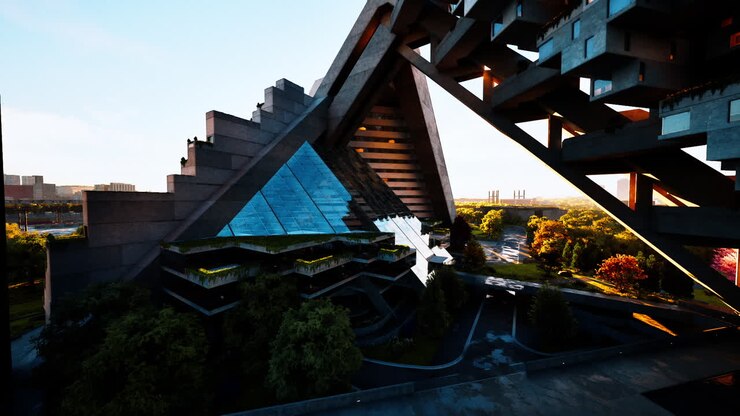 Um edifício futurista em uma cidade.