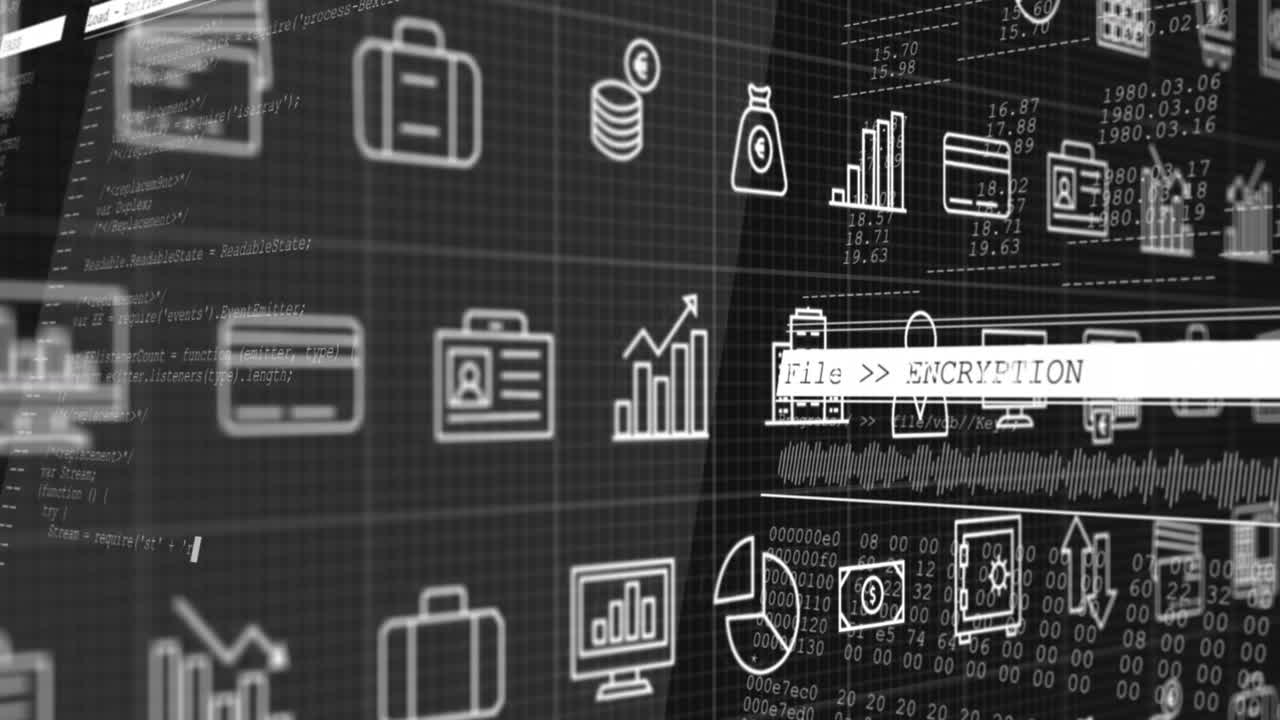 Animation of multiple computer applications with numbers and programming language over grid