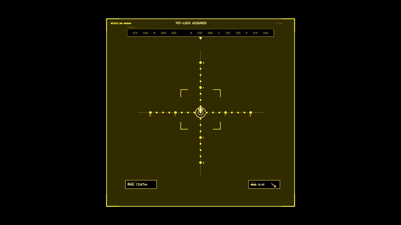 An animated yellow targeting reticle featuring a scrolling compass bearing, range readout, and wind data. This tactical interface element includes a transparent alpha channel for compositing.