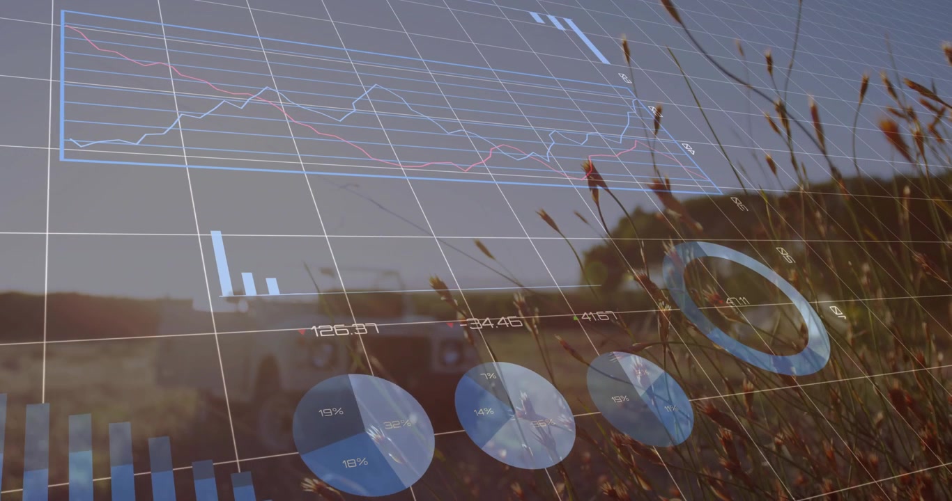 Hologram overlay sliding, animating grid charts, moving labels, showing grass and van for farming