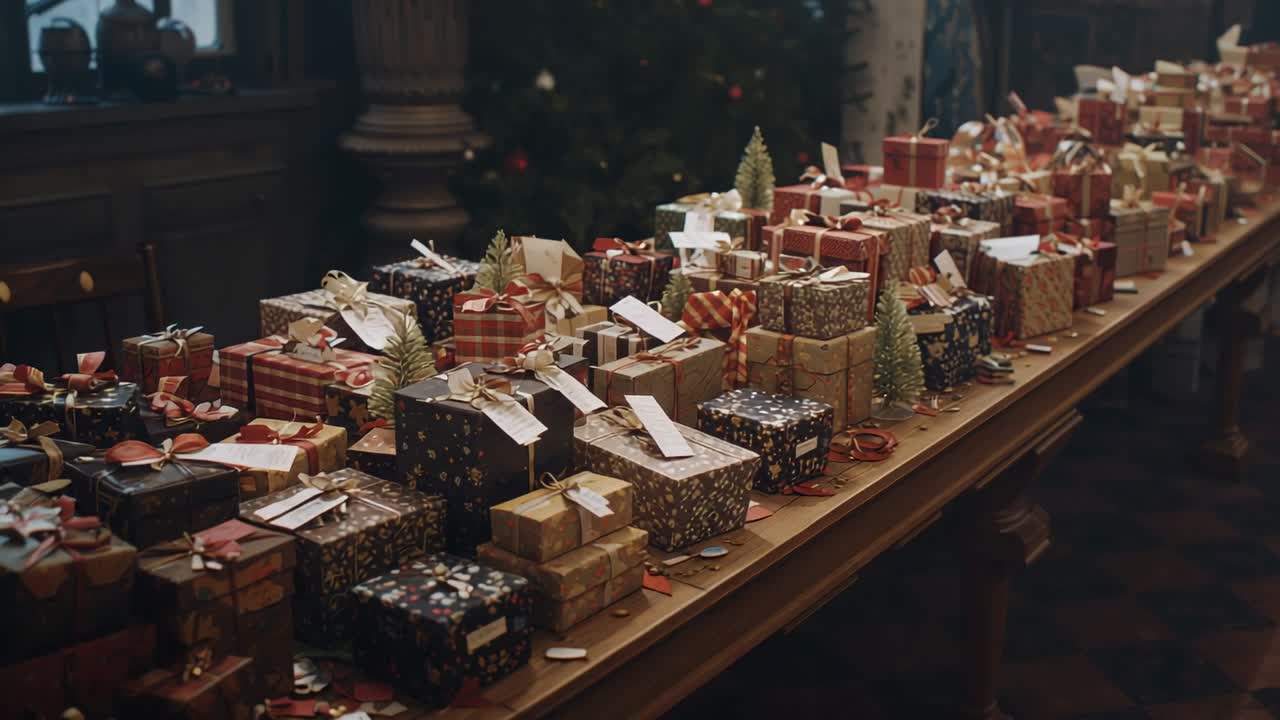Tracking camera sliding along banquet table in wood-paneled hall, revealing gifts and mini trees