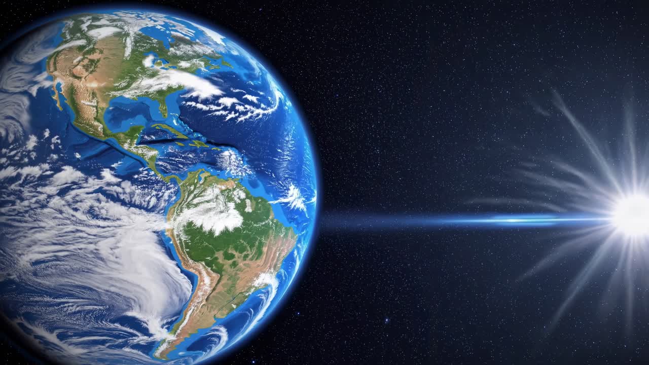 A cosmic video scene showing Earth from space with a wide-angle view