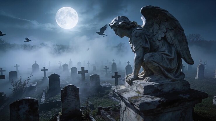 Chiaro di luna che inonda, attirando uccelli attraverso un cimitero nebbioso, con un angelo di pietra appollaiato, spazio per il testo