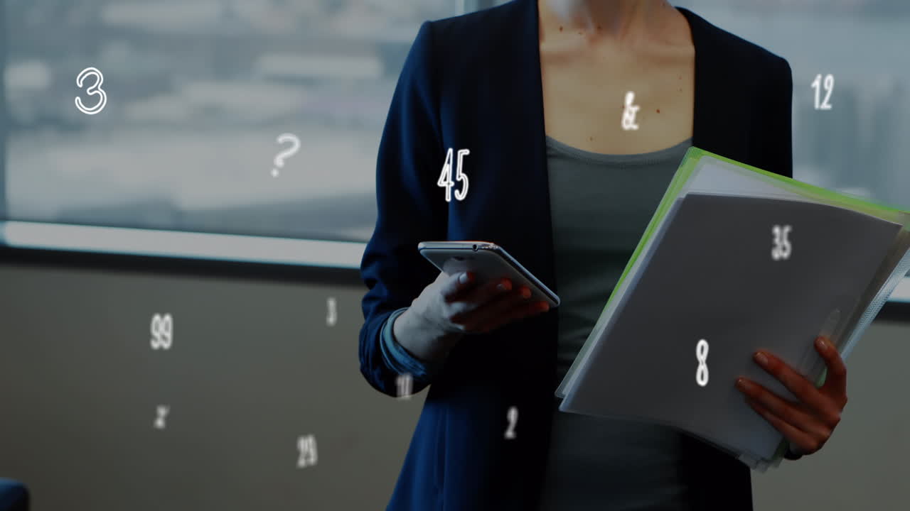 Animation of social media icons and numbers falling over woman using smartphone