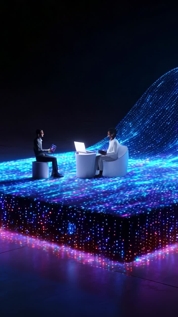 A visually striking scene showcasing two individuals engaged in a digital conversation on a vibrant illuminated platform featuring dynamic lights and futuristic technology