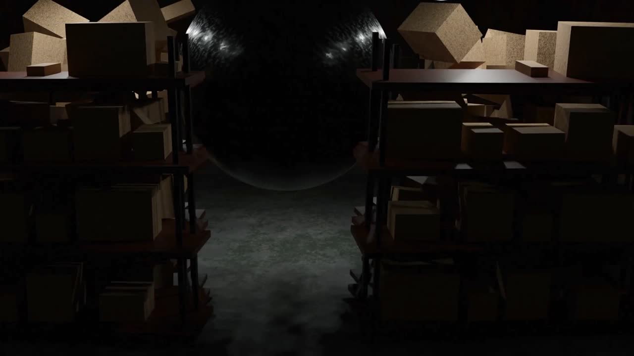 선반에 상자와 함께 어고  빈 창고