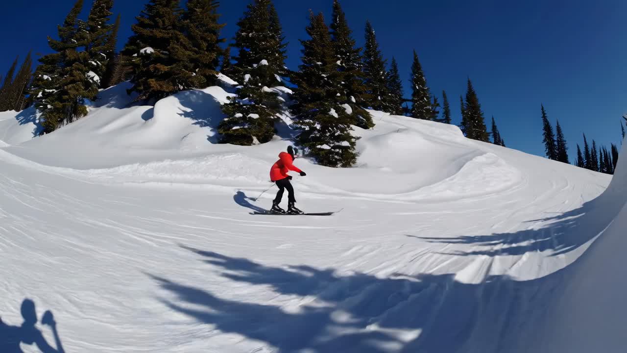 Wide-angle shot of a skier in a red jacket on a snowy slope, surrounded by pine trees