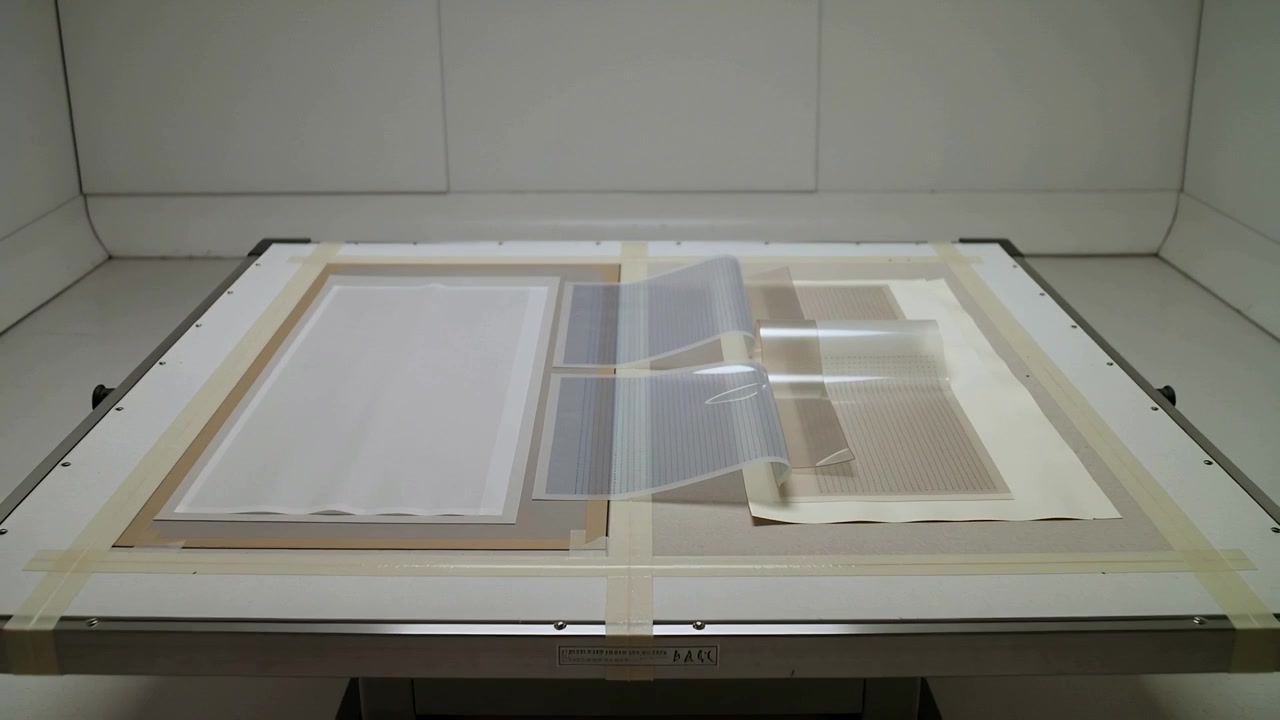 Arricciatura del bordo destro che causa il sollevamento di una pellicola puntinata, increspandosi e depositandosi su carta bianca o beige nastrata.