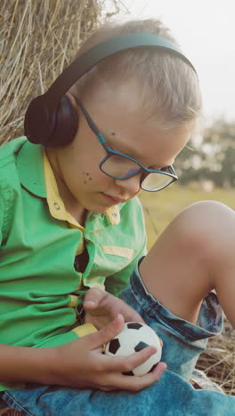 niño pequeño con auriculares escucha música, sentado en una manta, cabeza inclinada bajo mientras sostiene una pelota de juguete, inmerso en un entorno rural pacífico al atardecer