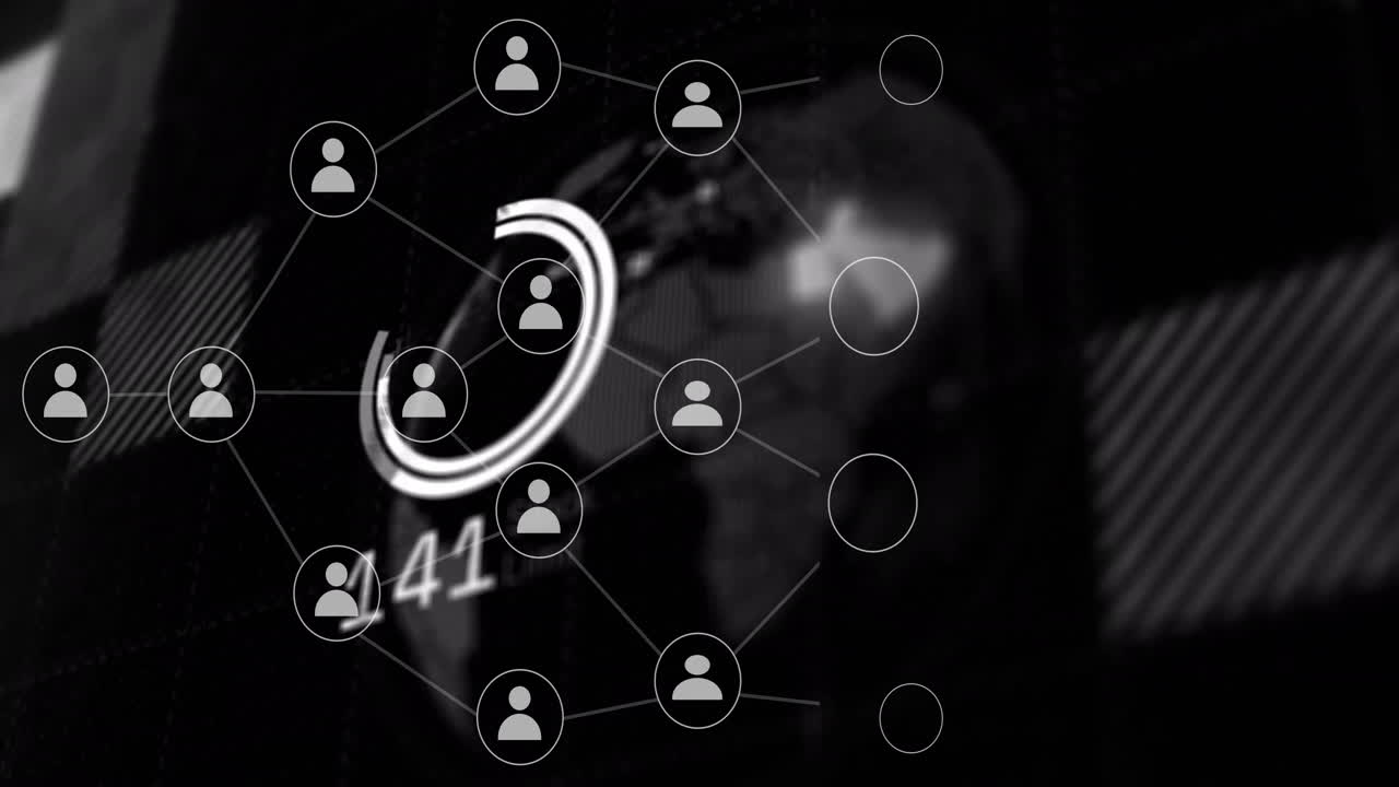 red de iconos de usuario conectados y animación de procesamiento de datos en todo el mundo