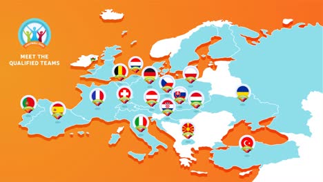 european 2020 football championship animation. 4k motion video illustration with a map of europe with highlighted countries flag that qualified to final stage on orange background