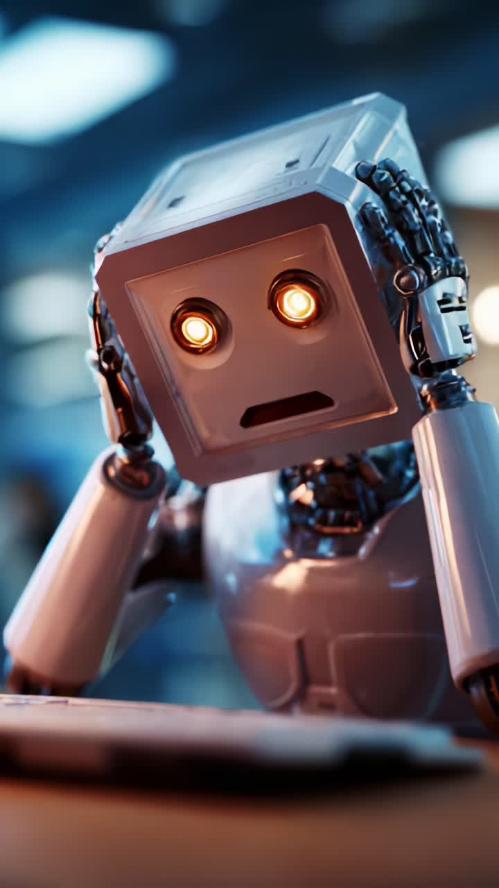 Una figura robotica in difficoltà con occhi illuminati che esprime emozioni come confusione o preoccupazione, mettendo in mostra le qualità umane dell'intelligenza artificiale