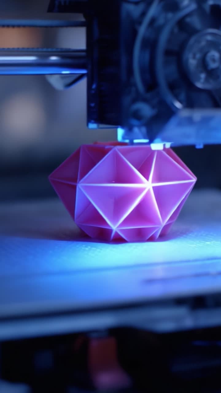 A close-up view of a 3D printer in action, intricately crafting a vibrant pink geometric object, showcasing the precision and technology of modern additive manufacturing