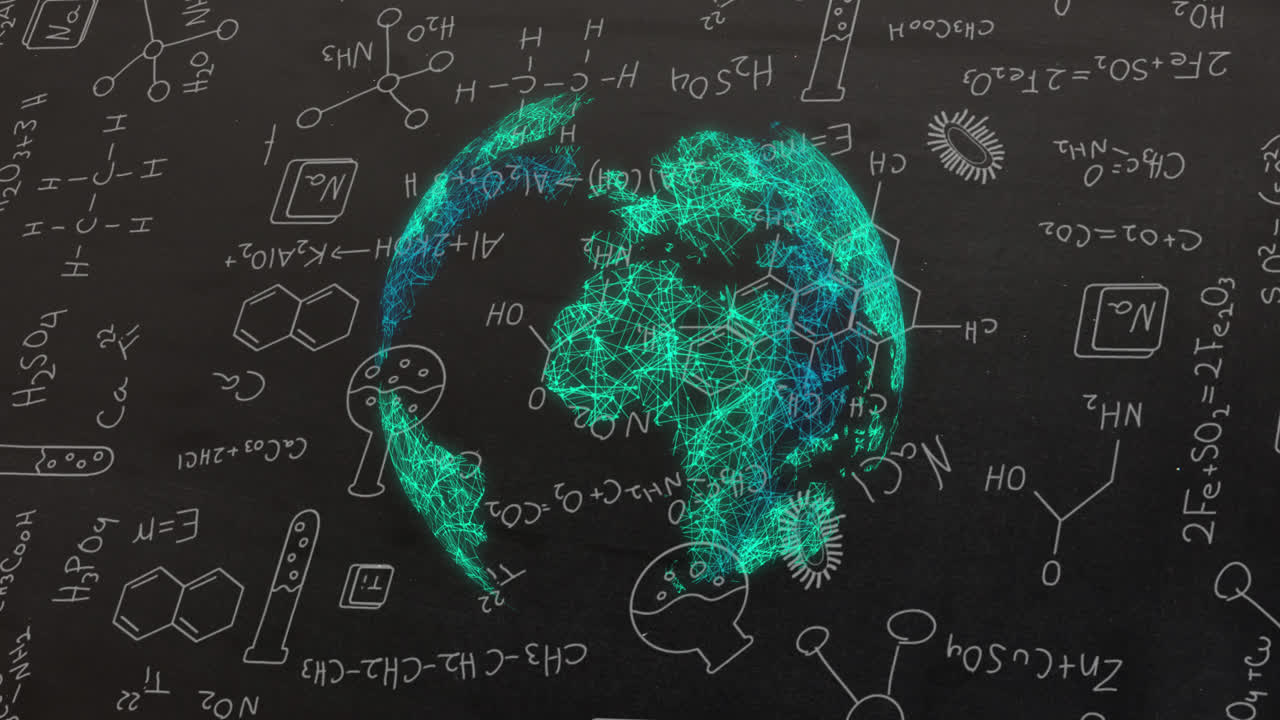 화학 구조 화합물 위에서 회전하는 지구의 애니메이션
