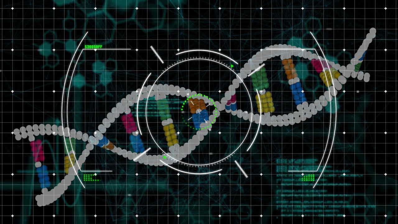 DNA strand with binary coding, processing scientific data in animation style
