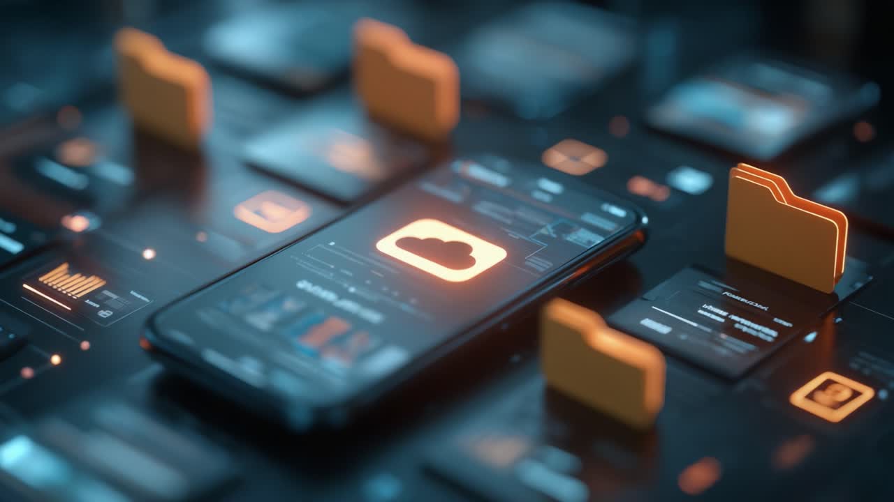 Exploring Digital Management: A Close-Up View of a Smartphone Displaying Cloud Storage Icons Surrounded by Data Folders in a High-Tech Environment