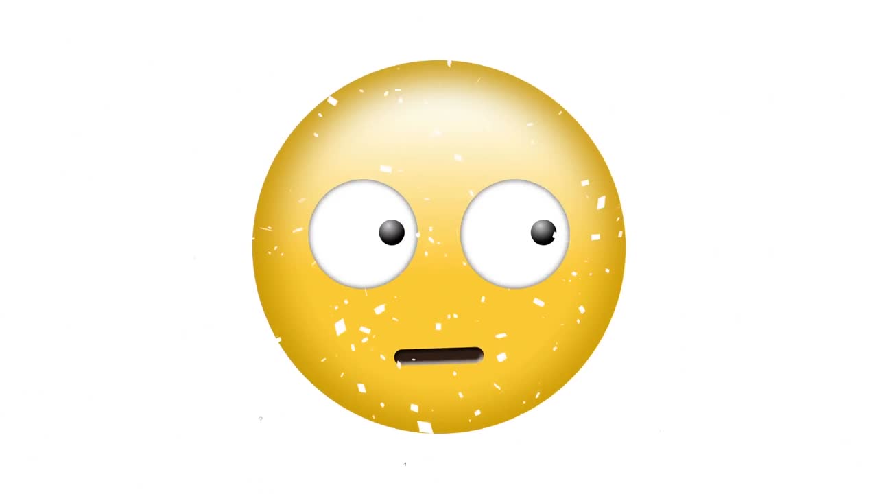 animación del icono emoji asustado sobre el confeti que cae sobre un fondo blanco