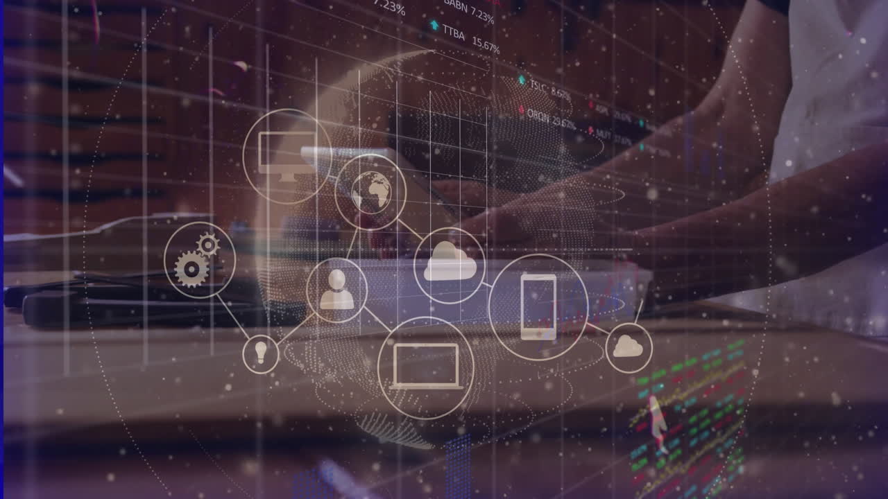 man typing on laptop in workspace, displaying technology network with floating cloud globe icons