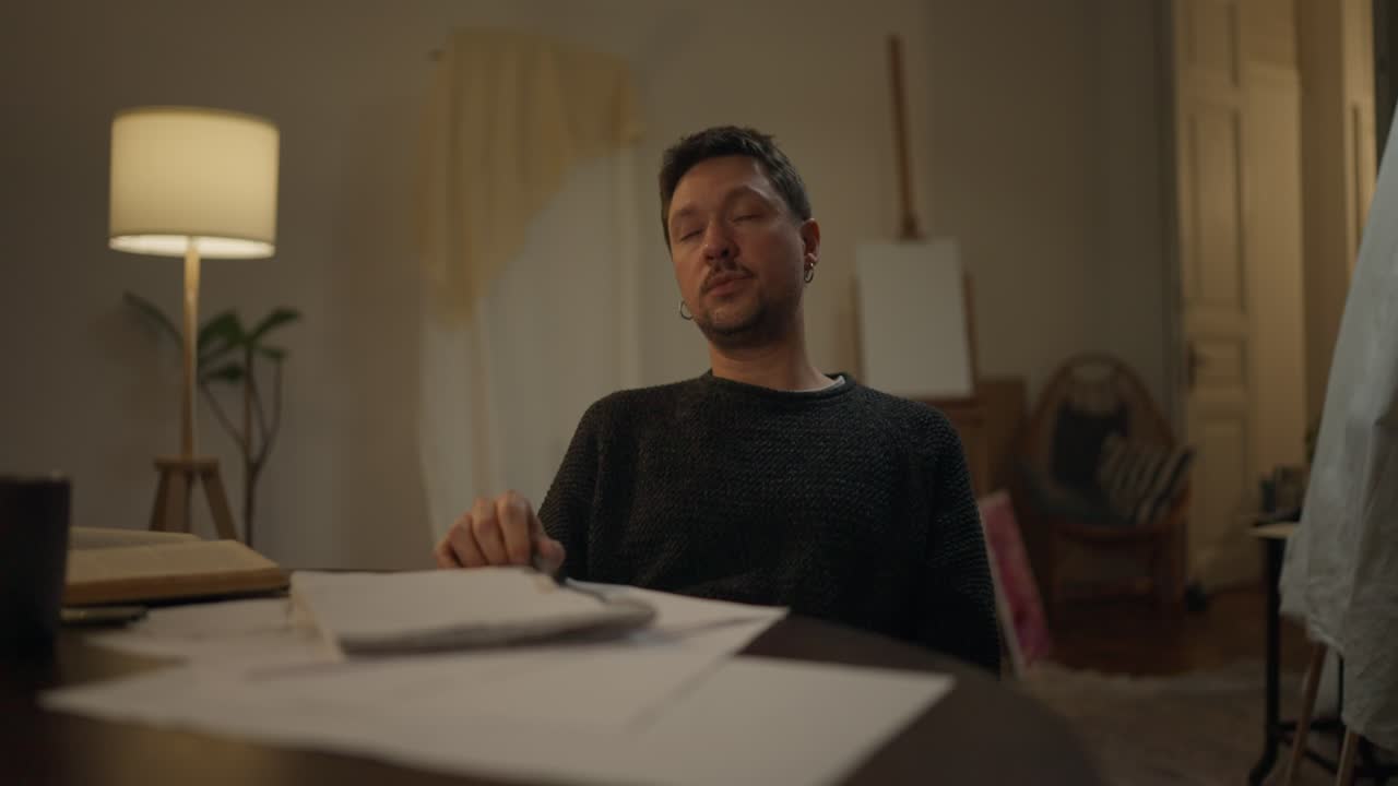 hombre trabajando en casa por la noche