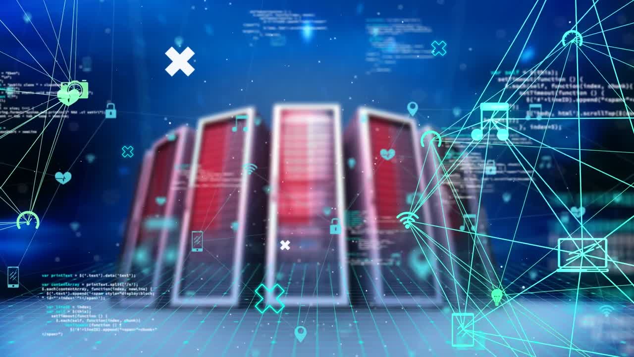 Animation of data processing and media icons over server room