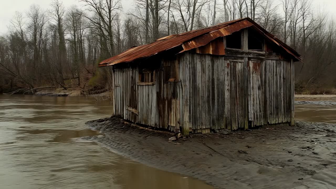 Camera in movimento che rivela una rimessa per barche in legno deteriorato su una lingua di terra fangosa al limitare del fiume, per rivelare la facciata