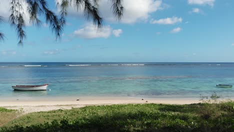 4k-Enfoque-Suave-Tiro-A-La-Playa-Con-Palmera-En-Marco-Y-Bote-De-Remos-Blanco-En-Agua-Azul-Clara-En-Pasamontañas-Mauricio