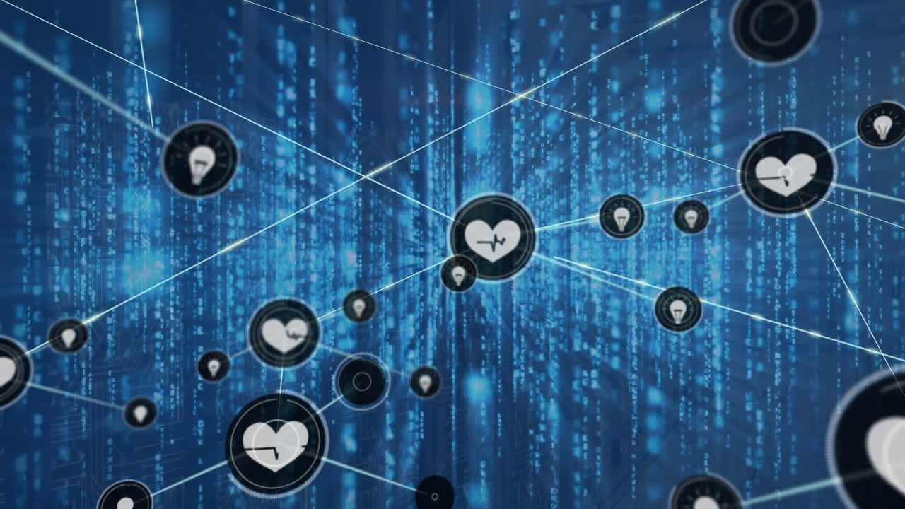 아이콘과 데이터 처리를 통해 컴퓨터 서버를 통해 연결 네트워크의 애니메이션