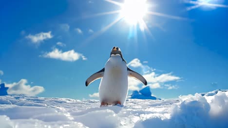 a penguin standing on top of a snow covered field