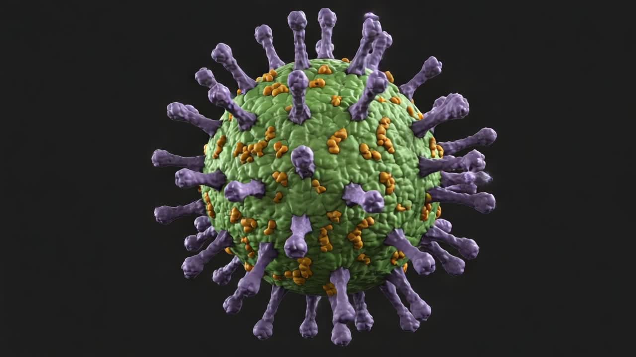Detailed Microscopic Visualization of a Virus, Showcasing Its Complex Structure with Spikes and Surface Proteins in High Resolution