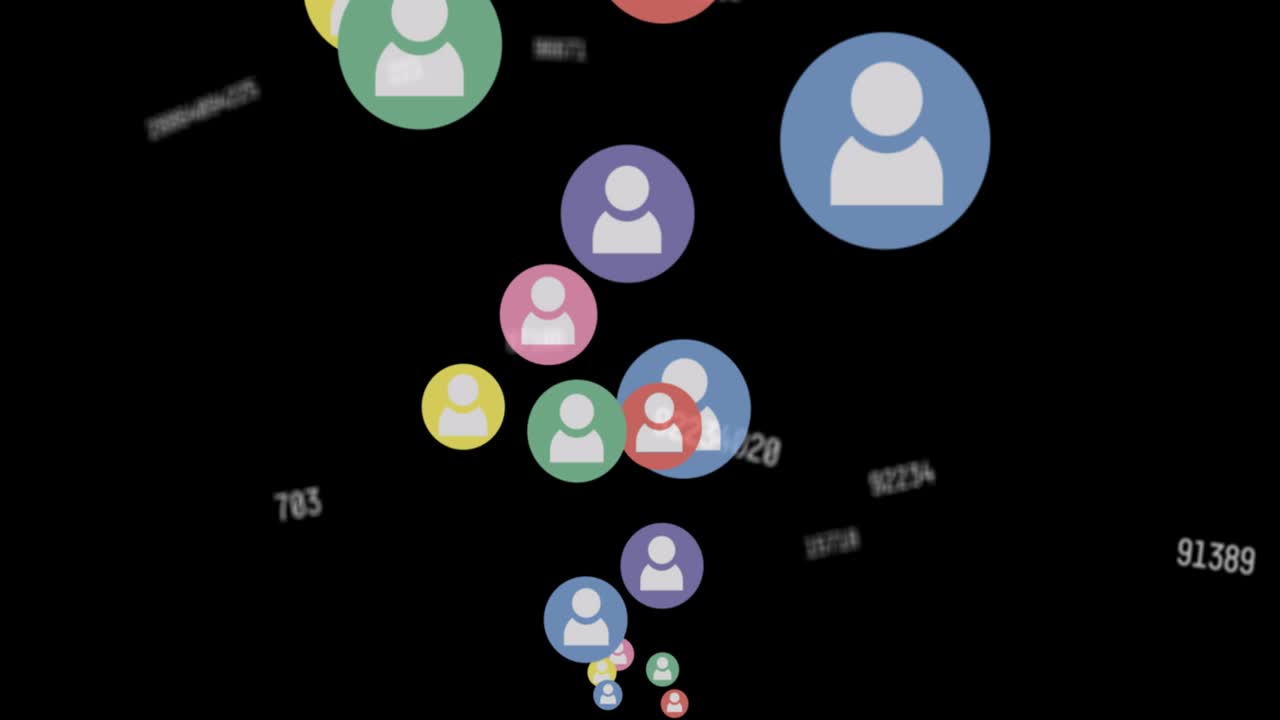 animación de iconos de uso flotando sobre números cambiantes en fondo negro