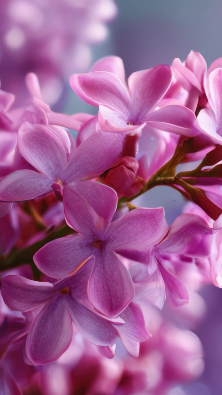 Close-up Menakjubkan Bunga Lilac Merah Muda yang Halus, Menampilkan Keindahan Alam yang Mekar Sempurna dengan Latar Belakang Fokus Lembut Nuansa Ungu Muda.
