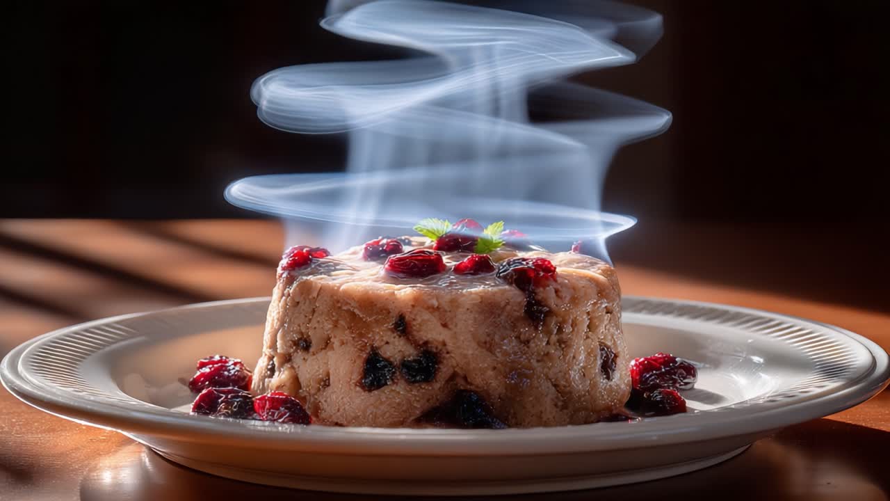 A Captivating Dessert Delight: Warm Steaming Cake Adorned with Berries and Mint, Unveiling an Enchanting Culinary Presentation in Warm Lighting