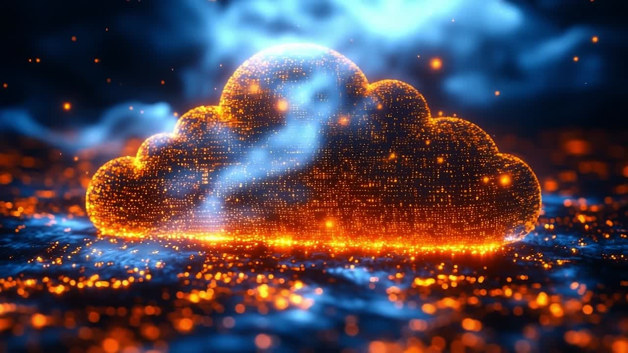 Digital cloud glowing in vibrant colors. A glowing cloud emits bright orange and blue hues, creating a stunning visual against a dark background.