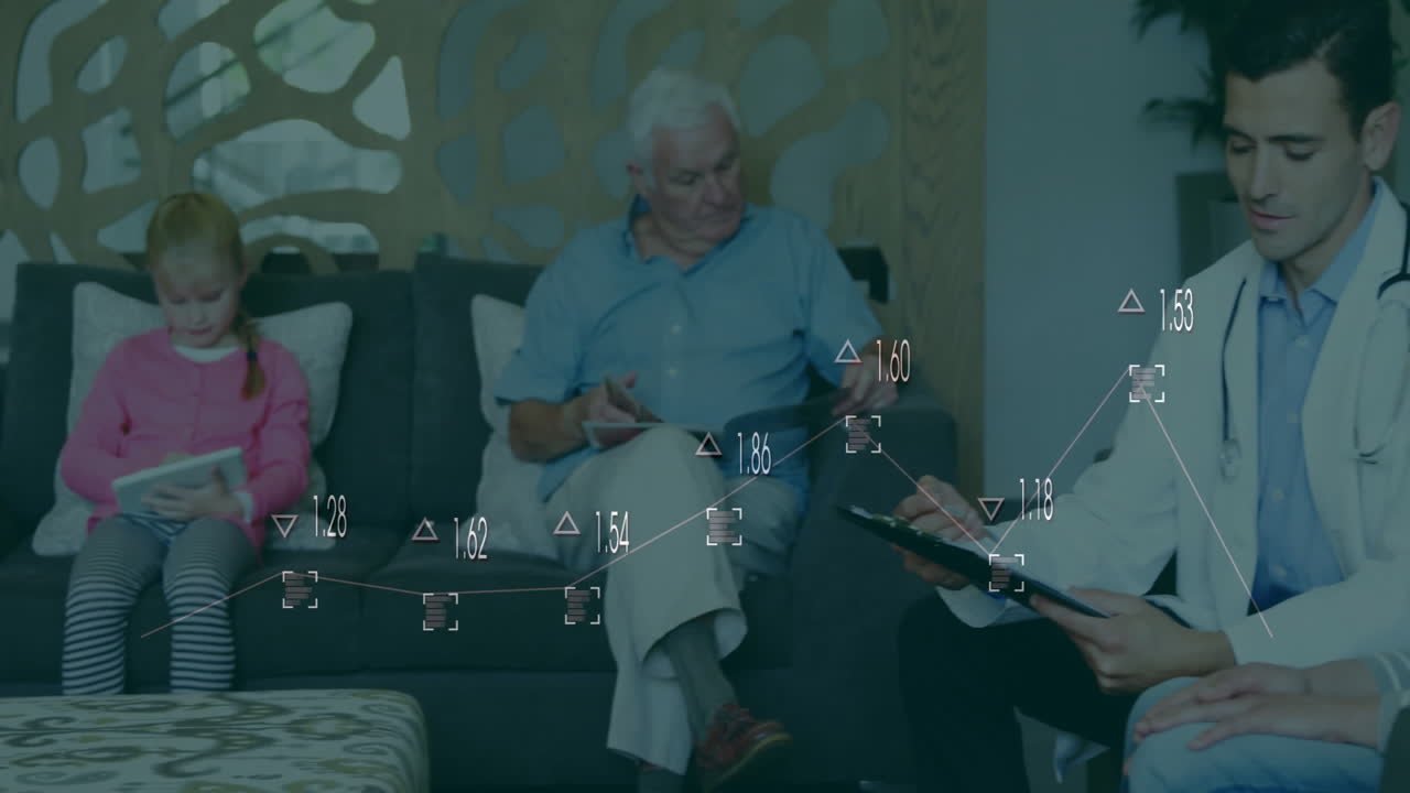 Consulting with doctor at home, family viewing healthcare data animation on tablet