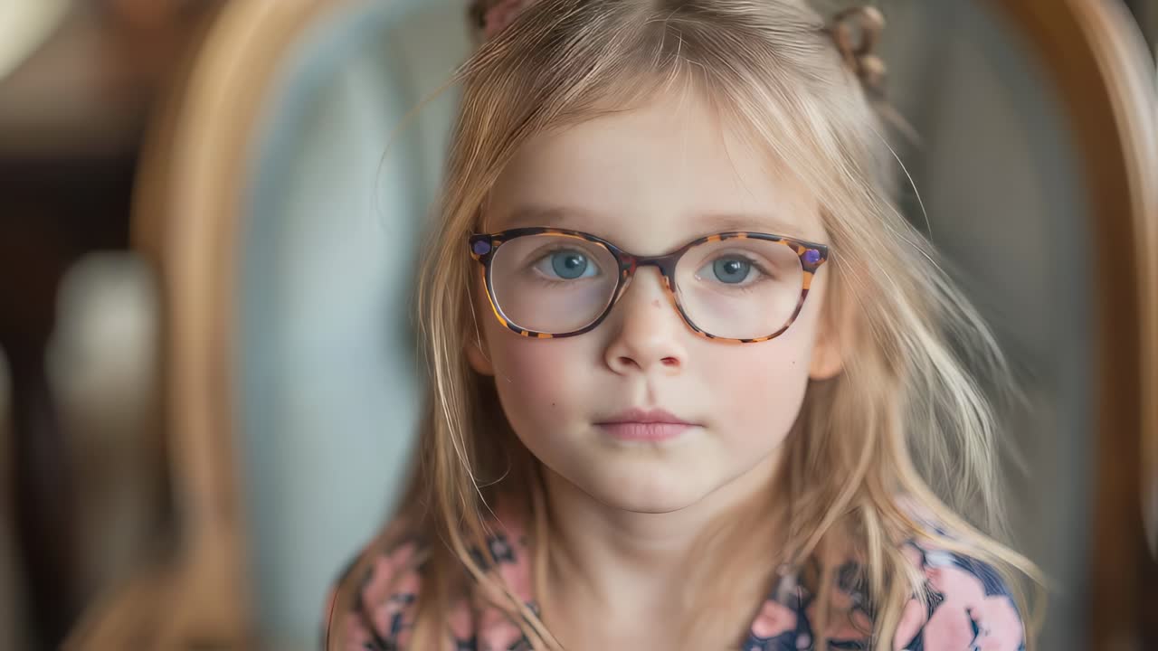 Young blonde girl wearing glasses sitting on chair, gazing directly at camera with serious, contemplative expression in natural indoor setting