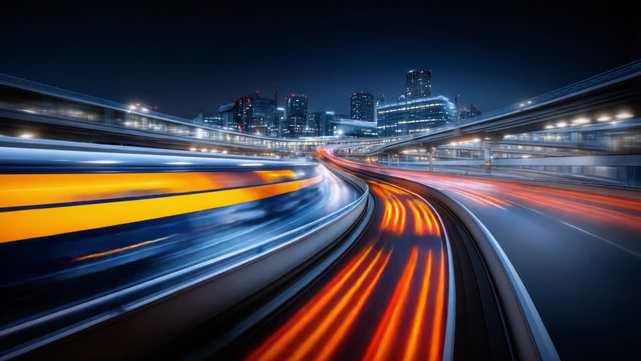 Dynamic Nighttime Cityscape with Moving Trains and Illuminated Skyscrapers Highlighting Urban Energy in a Vibrant Transport Network
