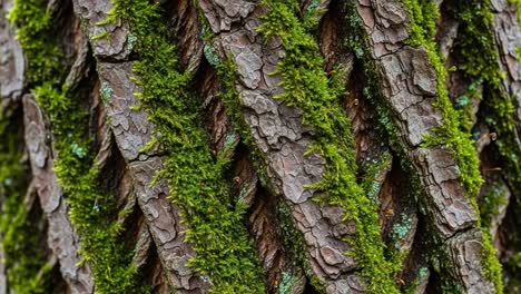 close-up of textured tree bark featuring lush green moss and intricate patterns, showcasing nature's resilient beauty in a serene forest environment