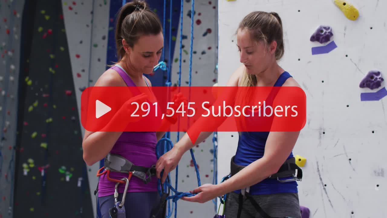 animación del icono de los medios sobre dos mujeres caucásicas en la pared de escalada