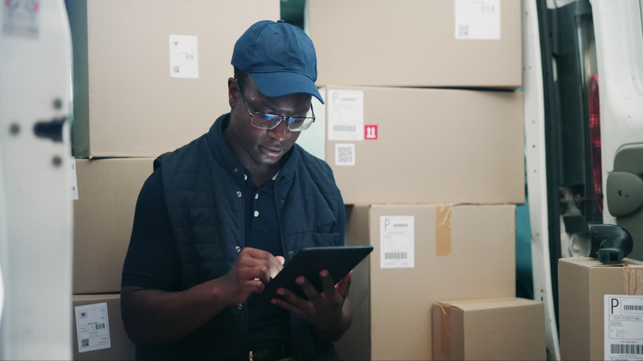 Corriere che usa un tablet in un furgone con pacchi