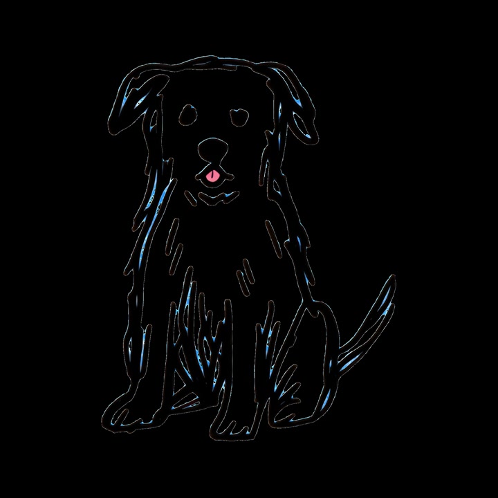 Animeret hundekontur, der slikker sig om munden med blåt skær
