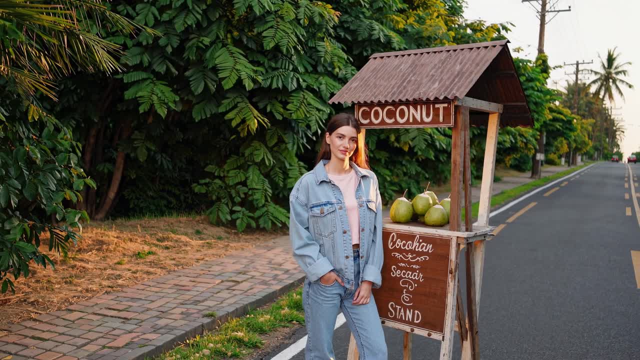 Young woman stands confidently beside coconut stand, showcasing vibrant tropical scene with lush greenery and warm evening light, capturing the essence of local culture