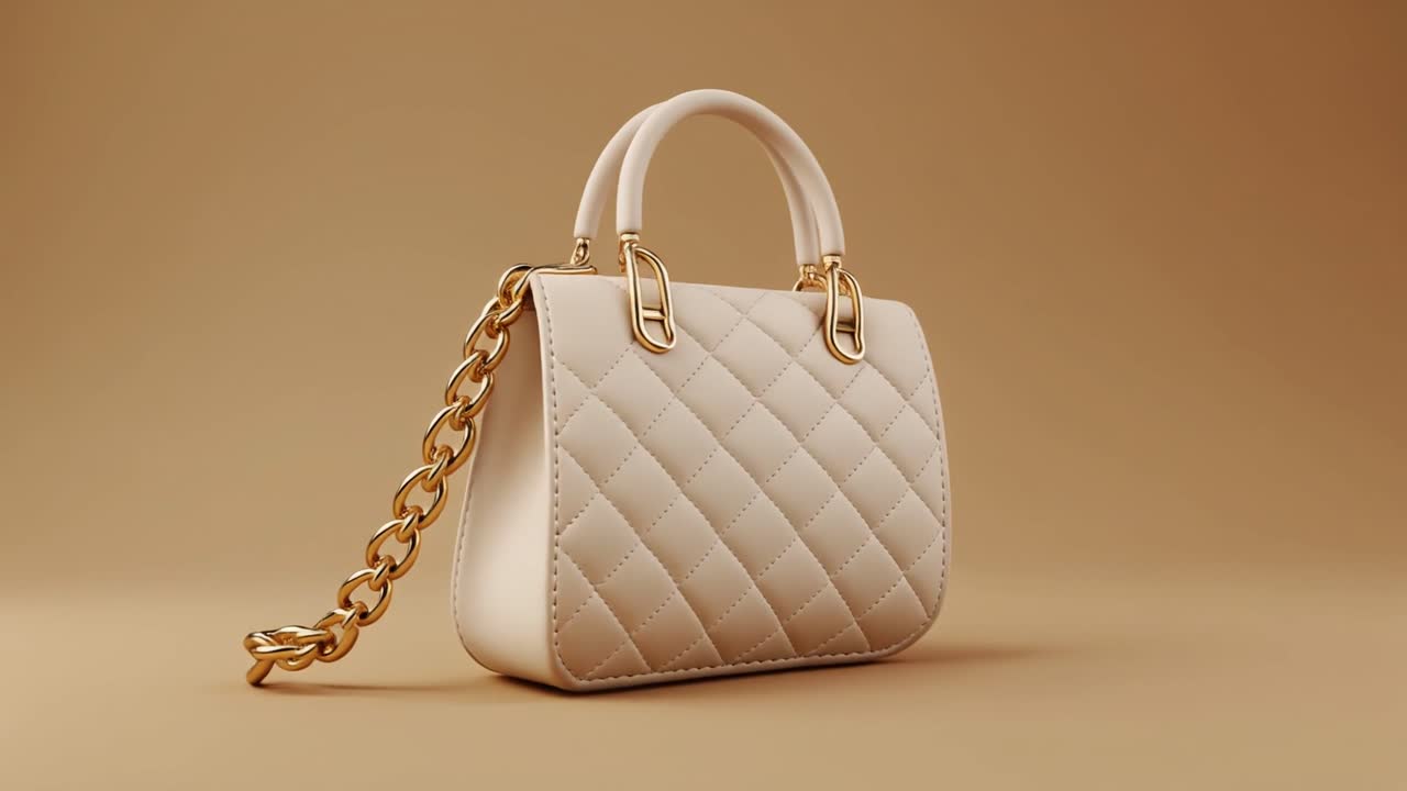 Borsa bianca di lusso con catena d'oro in rotazione su sfondo beige
