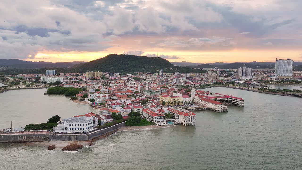 Drone shot with a full view of the Casco Antiguo in Panama and Ancon Hill in the background