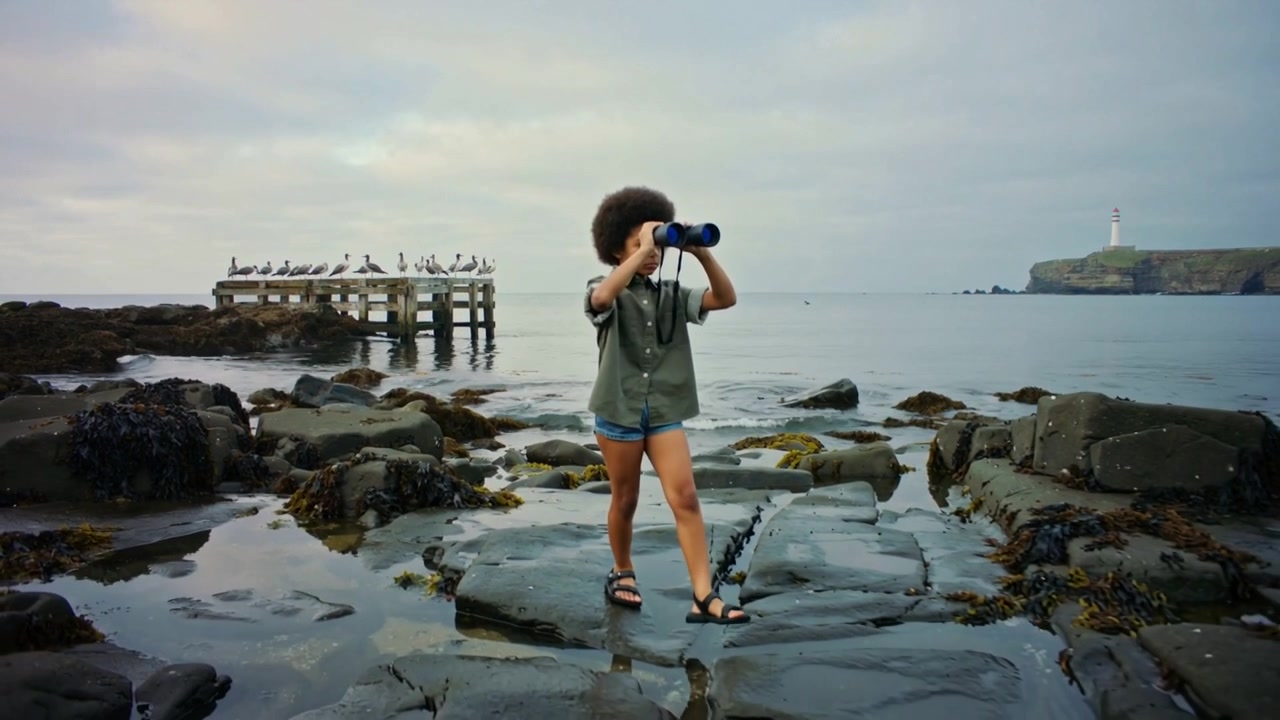 Walking child in green shirt stepping on rocky shore scanning with blue binoculars near pier gulls